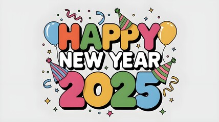 Fototapeta premium Bright Happy New Year 2025 banner with colorful fireworks and cheerful decor