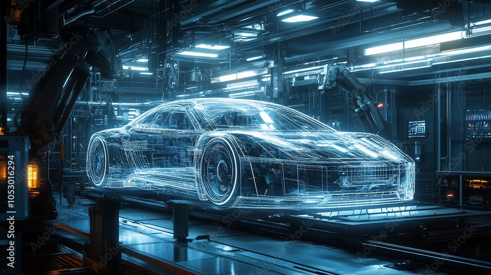 Aufkleber a futuristic car being assembled on an automated production line. the car is transparent and illumin