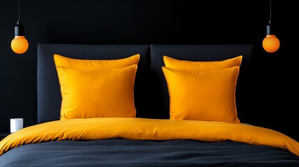 Moody Bedroom Decor: Mustard Yellow Bedding on Black Background 