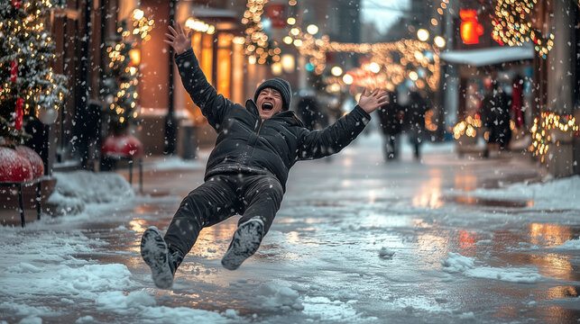 Funny Winter Scene of Man Losing Balance on Slippery Snow-Covered Street with Festive Holiday Decor - Image made using Generative AI