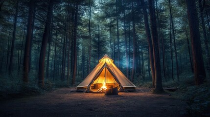 A serene camping scene featuring a tent illuminated by a warm fire in a tranquil forest at dusk.