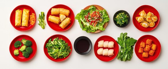 A colorful spread of Asian food including spring rolls, dumplings, salads and fried tofu.