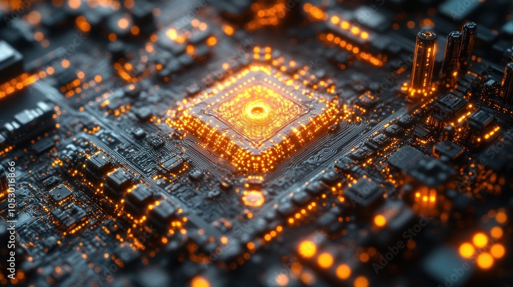 Poster close-up of a glowing microchip on a circuit board.