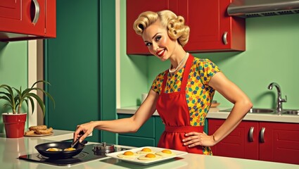 Retro housewife cooking breakfast in a vintage kitchen