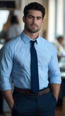 Handsome businessman in light blue shirt and dark blue tie, hands in pockets, office environment with people and desks in relaxed confident pose. Office worker day, labor day, tie day