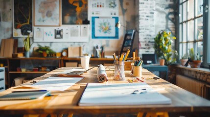 A messy desk in an artist's studio.