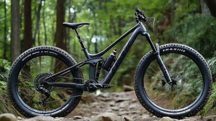 Fototapeta premium A black mountain bike with full suspension, large tires, and a water bottle holder, parked on a rocky trail in a forest.