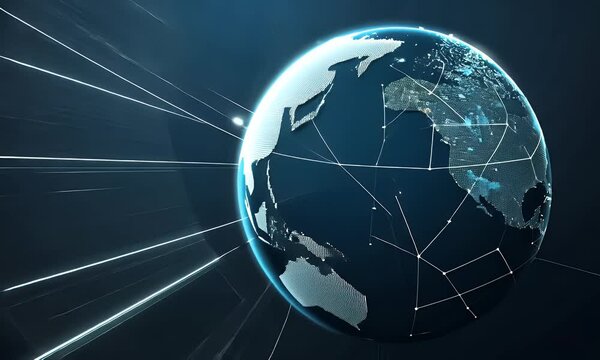 Digital planet Earth with digital connections on dark blue background, futuristic technology concept. Digital earth globe in wireframe hologram style. 