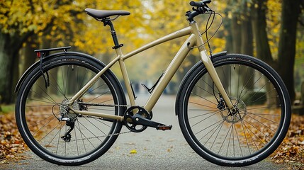 Fototapeta premium A modern, beige bicycle parked on a paved path with autumn leaves.