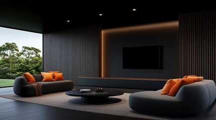 Modern Living Room Design: Dark and dramatic interior design with sleek, gray modular sofas, orange accent pillows, and a large flat-screen TV set against a dark wood wall.