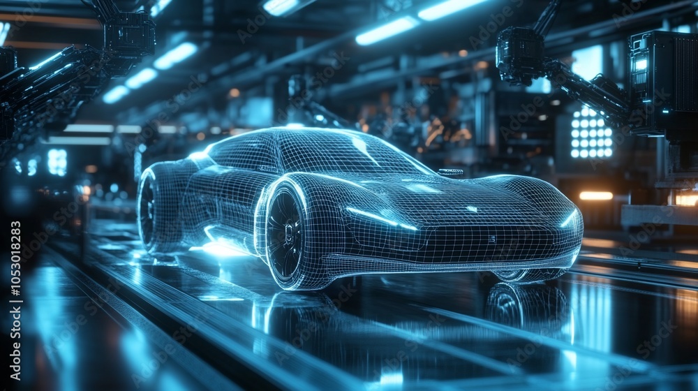 Poster a futuristic car is being assembled in a factory with advanced robotics and glowing blue lights.