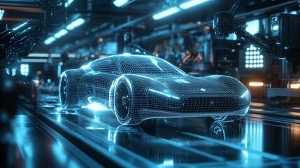 Fototapeta premium A futuristic car is being assembled in a factory with advanced robotics and glowing blue lights.