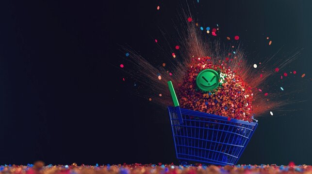 Black Friday clock exploding with confetti from shopping basket