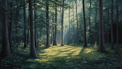 Obraz premium Sunlight streams through the canopy of a lush forest, illuminating the verdant undergrowth and casting long shadows on the forest floor.