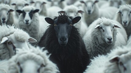 Obraz premium Black sheep standing out among white flock