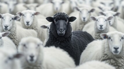 Obraz premium Black sheep standing out among white flock