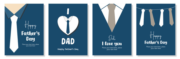 Set of Trendy Happy Father's Day greeting cards with typography, tie, minimal blue colors, cartoon holiday simple vector illustration for horizontal banner, template, poster, flyer, social media