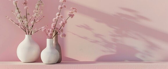 Minimalist Pink Wall Décor with White Vases and Pink Flowers, Assorted Home Essentials Décor and Gifting Selections, Stylish collection of decorative items on light pink backdrop for trendy design