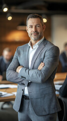 Business professional in grey suit and white shirt, standing with arms crossed, looking at camera, in an office environment with colleagues and desks in the background