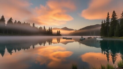 Tranquil sunset scene over a calm lake surrounded by trees, capturing the peaceful beauty of nature at dusk