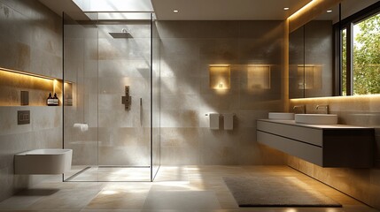 Obraz premium Modern bathroom with large shower, double vanity, and natural light streaming in through a skylight.