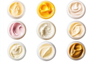 Various cosmetic masks and creams on white background.