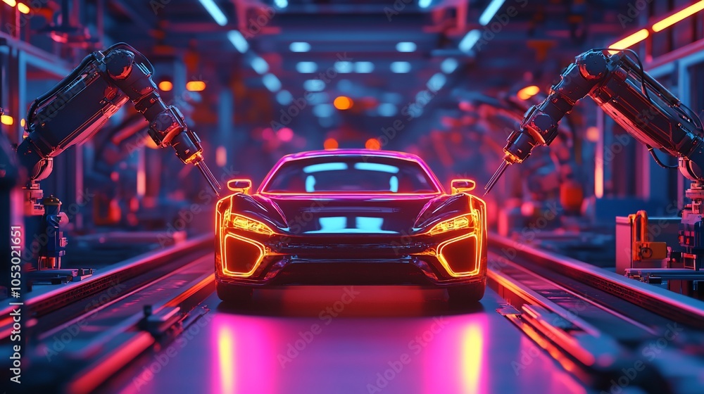 Aufkleber a futuristic car on an assembly line is being worked on by robotic arms.
