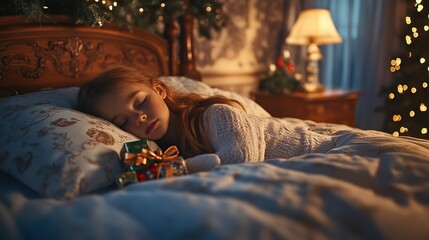Child peacefully sleeping with closed eyes in a cozy bedroom, as Santa quietly places Christmas gifts beside her pillow, surrounded by cheerful holiday decorations and a warm, festive atmosphere.