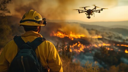 Firefighter and Drone Overseeing Wildfire at Sunset. Firefighter watches a drone monitor a wildfire at sunset, highlighting technological advancements in emergency fire response.