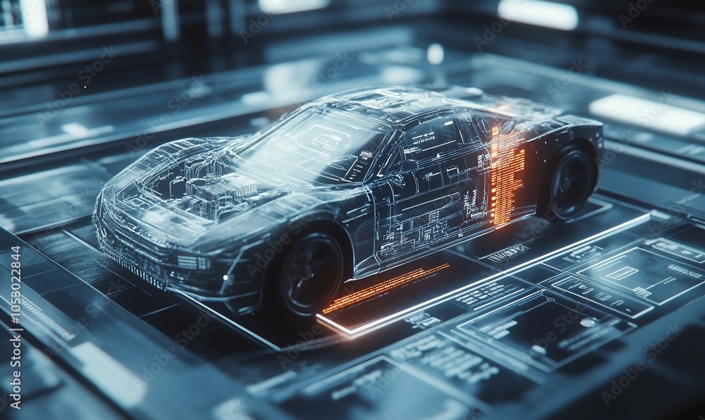 Aufkleber A futuristic digital display showing a car's skeletal structure with an orange glow highlighting the engine.