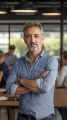 Confident mature businessman standing with arms crossed in modern office, with beard and blue shirt, with relaxed and friendly expression