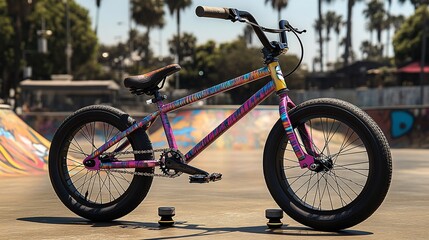 Fototapeta premium A colorful BMX bike with black tires, a black seat and handlebars, and a pink frame sits on a ramp at a skatepark.