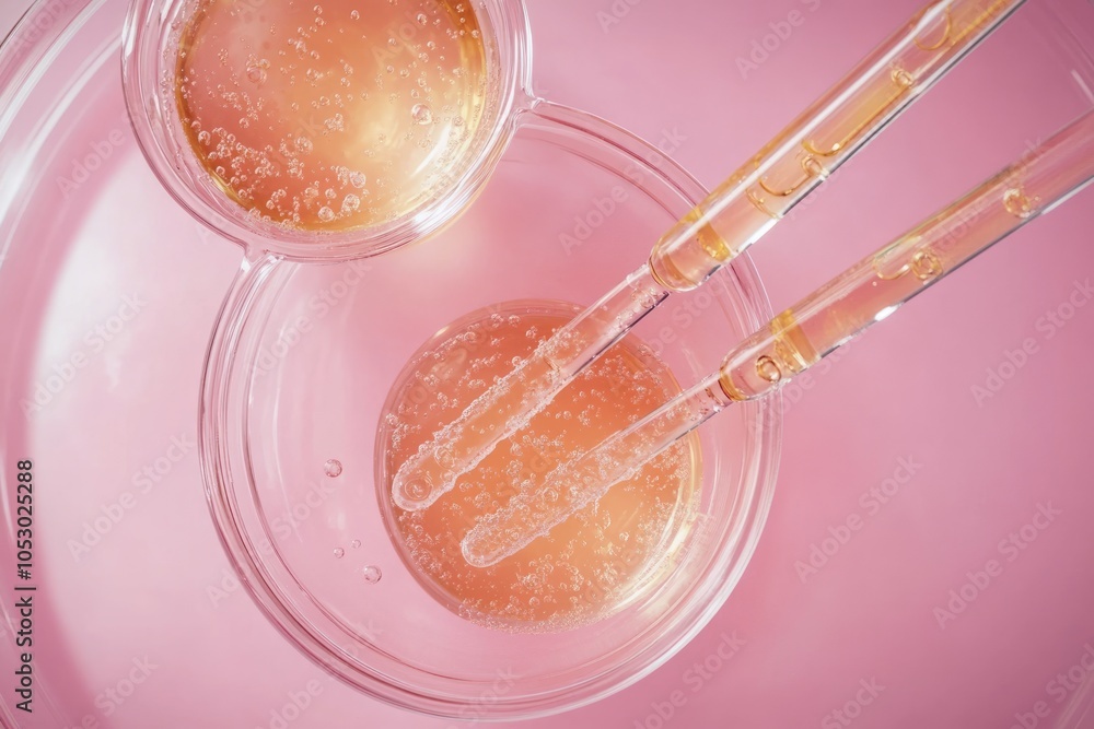 Wall mural two pipettes with different samples of gels cosmetic products in petri dish on pink background