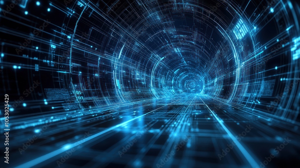 Poster abstract digital tunnel with blue light streaks and data patterns.