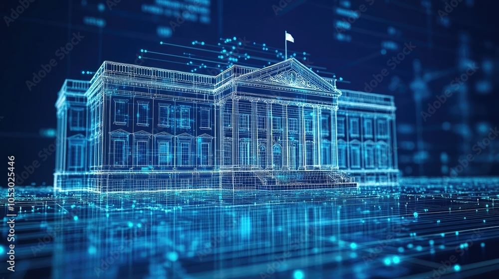 Poster a wireframe model of a government building, rendered in a digital environment, with data and code di
