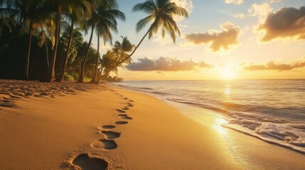 Fototapeta premium Serene Sunset Over a Beach with Footprints in Sand