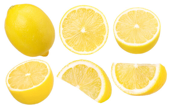 ripe lemon fruit, slices and half isolated, Fresh and Juicy Lemon, transparent PNG, cut out