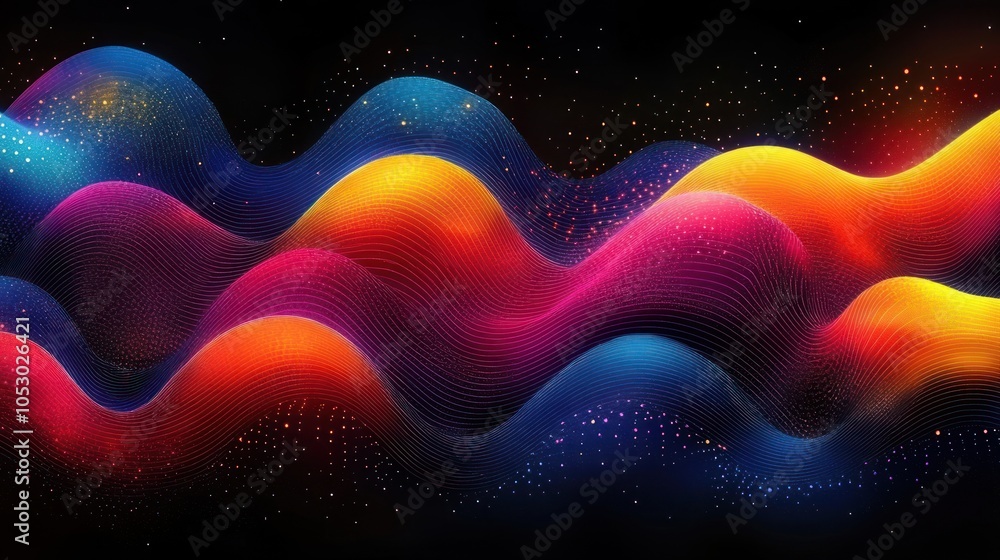 Poster abstract neon wave pattern with glowing dots on a black background