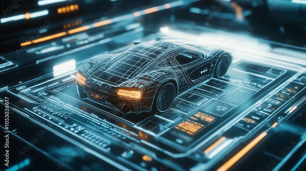 Poster a futuristic sports car rendered in a wireframe style on a digital interface.