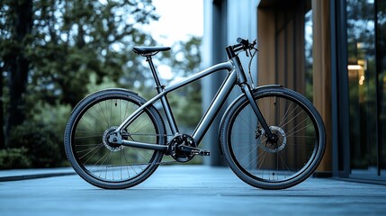 Fototapeta premium A sleek black electric bicycle with a modern design, parked in front of a modern building.