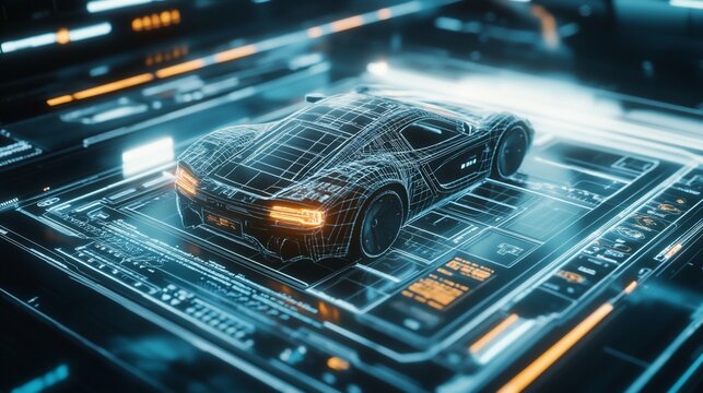 A futuristic sports car rendered in a wireframe style on a digital interface.