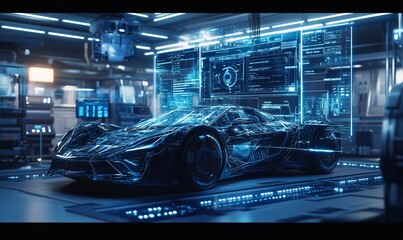 A futuristic sports car with a glowing blue wireframe overlay is displayed in a high-tech workshop. The car is surrounded by screens displaying data and code.