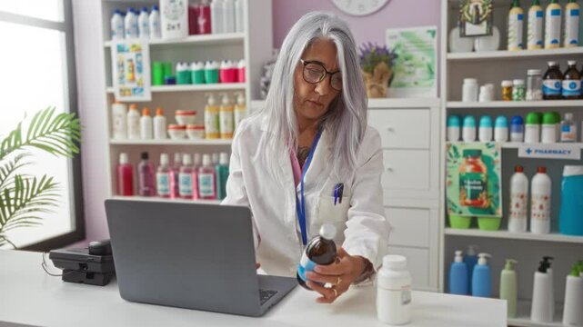 Woman examining medicine bottle in pharmacy while working on laptop surrounded by shelves of colorful pharmaceutical products