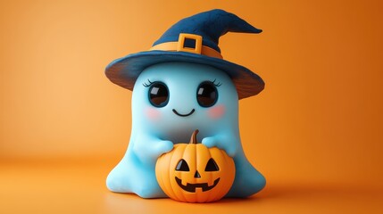 Pretty 3D cartoon ghost with pumpkin on slightly fuzzy background
