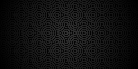 Obraz premium Abstract Overlapping Pattern. Seamless geometric ocean spiral pattern circle wave lines. dark black seamless tile stripe geomatics create retro line backdrop pattern background.