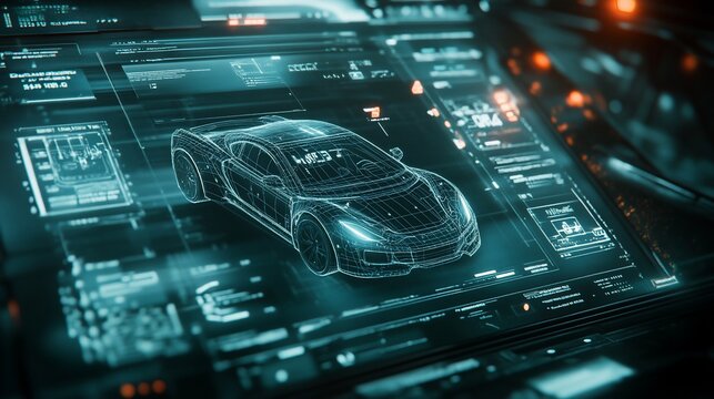 A futuristic sports car, represented in a wireframe model, is displayed on a digital screen with glowing blue and red light. The screen shows various data and graphs.