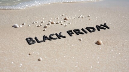 Fototapeta premium Black Friday text written in sand on tropical beach