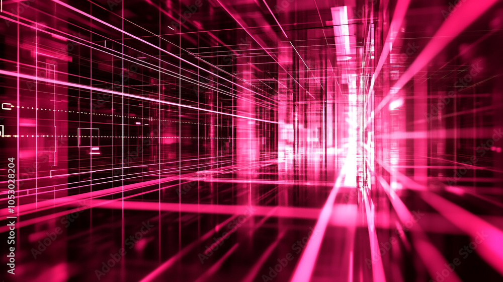 Poster vibrant digital landscape depicting interconnected lines and patterns in a futuristic space
