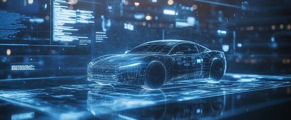 A futuristic, digital car composed of lines and dots in a blue and white glow with blurred digital code in the background.