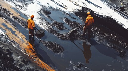 Workers cleaning up an oil spill on a contaminated site as part of a remediation project